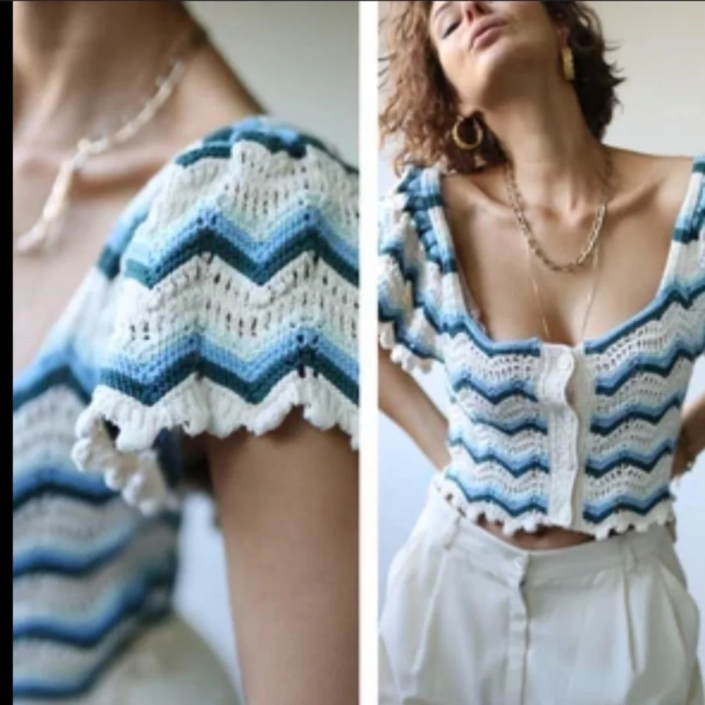 Zara Crochet NWT Crop Top Chevron Scalloped Button Front